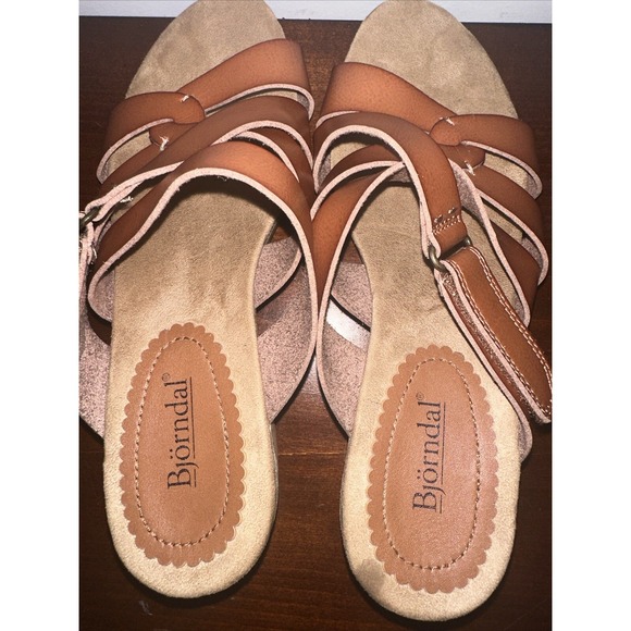 Bjorndal Mabel Leather Cognac Wedge Sandals Criss Cross Womens Size 7 1/2 - Picture 6 of 7